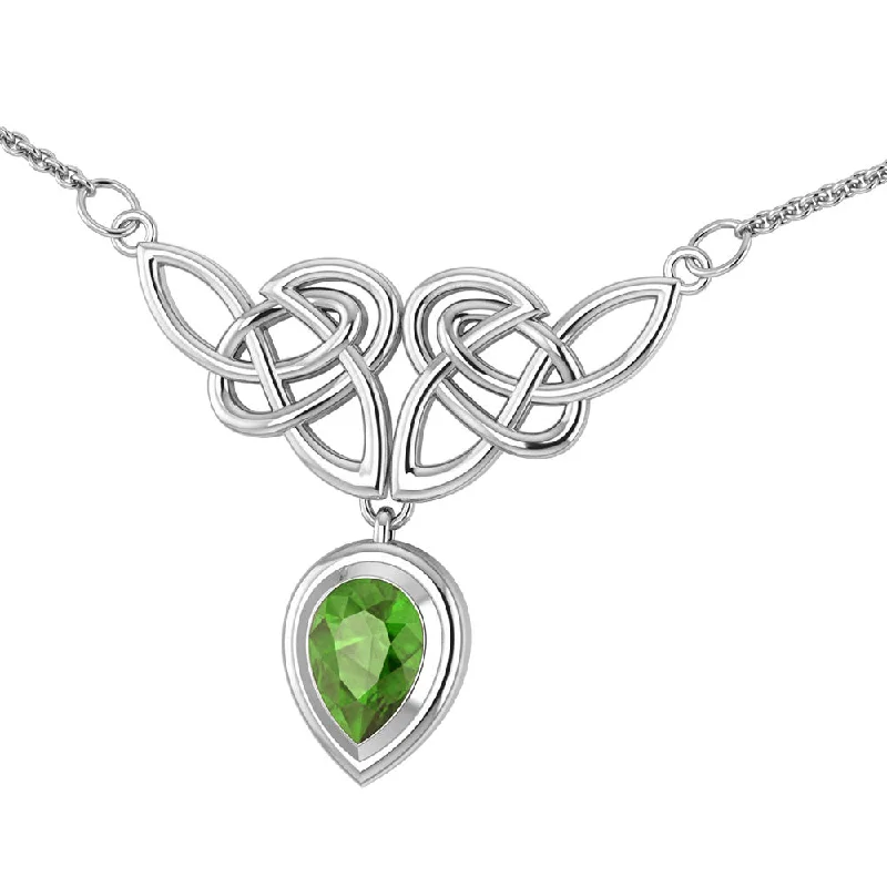 infinity loop necklace for women -Sterling Silver Celtic Knot Knotwork Necklace with a Bright Green 7x10mm Peridot