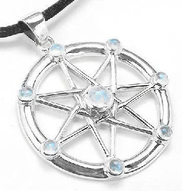 heart locket pendant necklace for women -Sterling Silver Elven or Faery Star Septagram Pendant Necklace Rainbow Moonstone