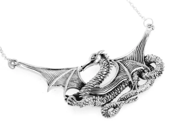 minimalist pendant necklace for men -Sterling Silver Large Detailed Winged Sea Dragon Serpent Necklace