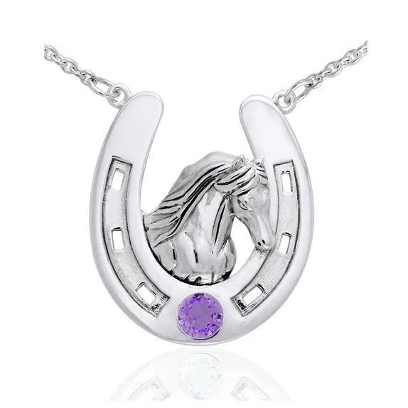 gemstone birthstone necklace for women -Sterling Silver Large Horseshoe Necklace with Friesian Horse Head Amethyst 18"