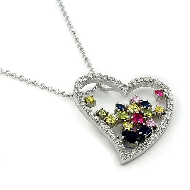 custom engraved heart pendant necklace -Sterling Silver Large Rainbow CZ Heart Pendant Necklace