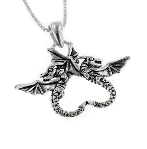 gold necklace with charm for women -Dragonheart Sterling Silver Dragon Couple Pendant with 18" Box Chain Necklace