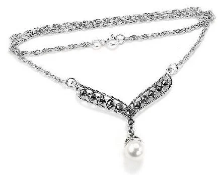 crystal pendant necklace for layering -Sterling Silver Marcasite and Simulated Pearl Drop Necklace