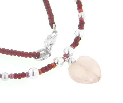 heart-shaped gemstone pendant necklace -Sterling Silver Rose Quartz Heart and Red Seed Beaded 16" Choker Necklace