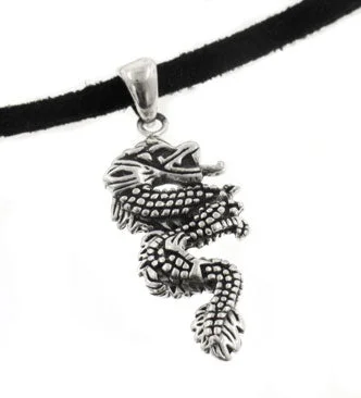 pearl pendant necklace for formal events -Sterling Silver Serpent Dragon Pendant on Adjustable Black Suede Cord Necklace