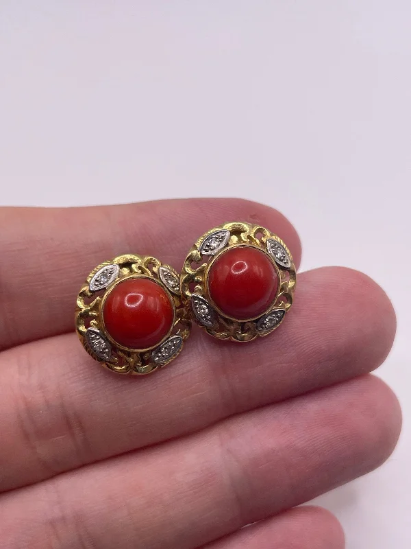 Colorful gemstone earrings for eye-catching looks -18ct gold coral and diamond earrings