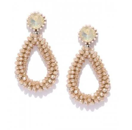 Handmade crystal earrings for personal touch -Beige Beaded & Stone-Studded Handcrafted Teardrop Shaped Drop Earrings