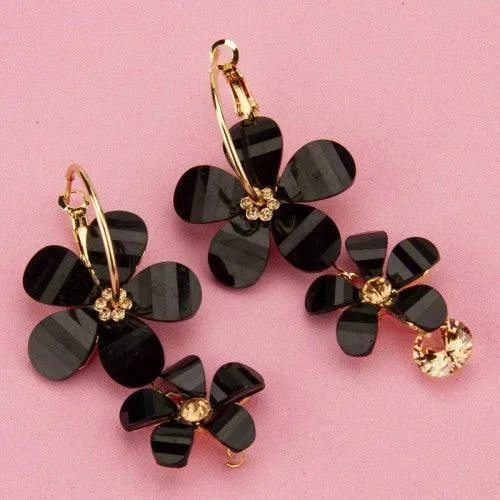 Chunky earrings for bold fashion statements -Black Handcrafted Floral Drop Earrings