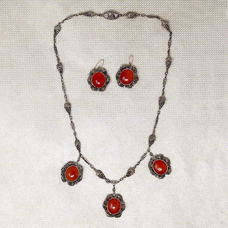 Trendy hoop earrings for stylish women -Chinese Carnelian & Filigreed Grapes Necklace & Earring Set