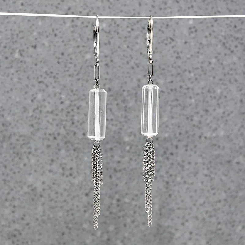 Geometric earrings for modern style -Crystal & White Gold Chain Tassel Earrings by brunet