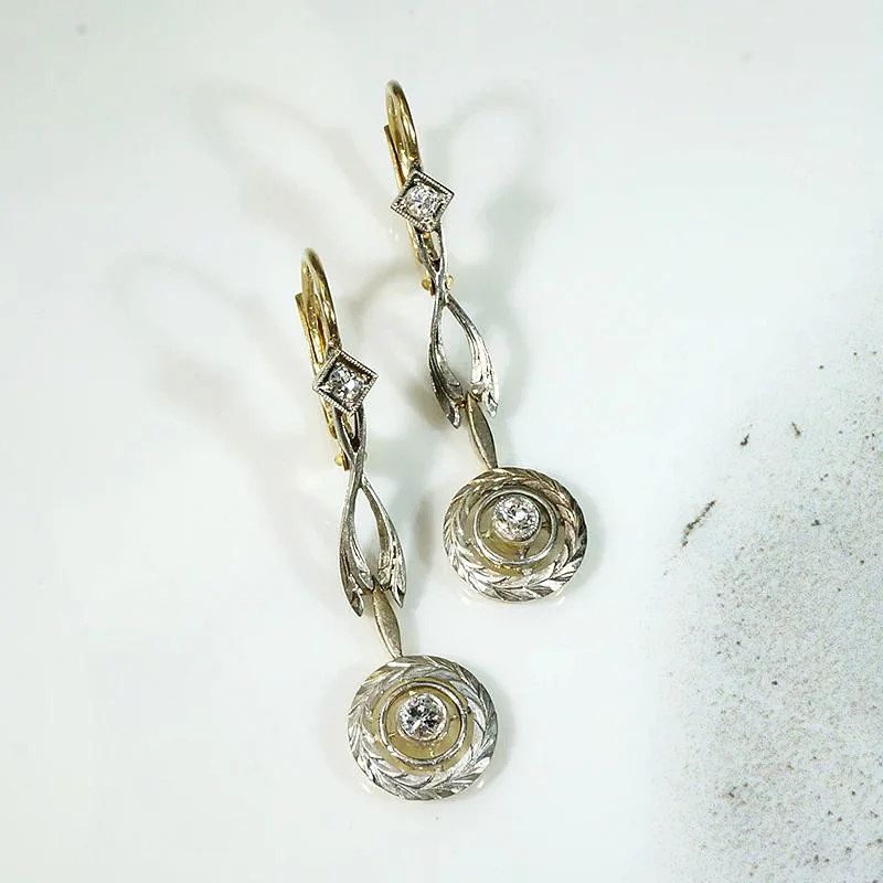 Classic gold earrings for timeless appeal -Delicate Deco Drop Earrings in Two-Tone Gold & Diamonds