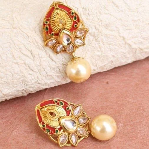 Rose gold stud earrings for modern charm -Designer Kundan Meena Pearl Earrings