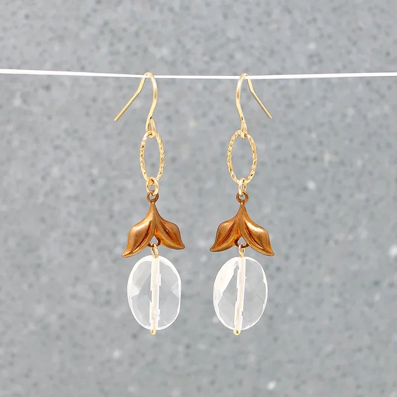 Classic pearl stud earrings for weddings -Faceted Crystal & Brass Leaves Drop Earrings by Brin