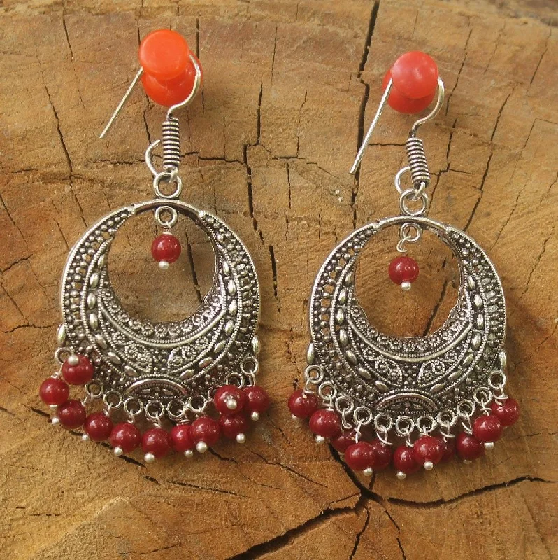 Unique geometric earrings for modern fashion -German Silver Beads Hanging Chandbali Earring Red