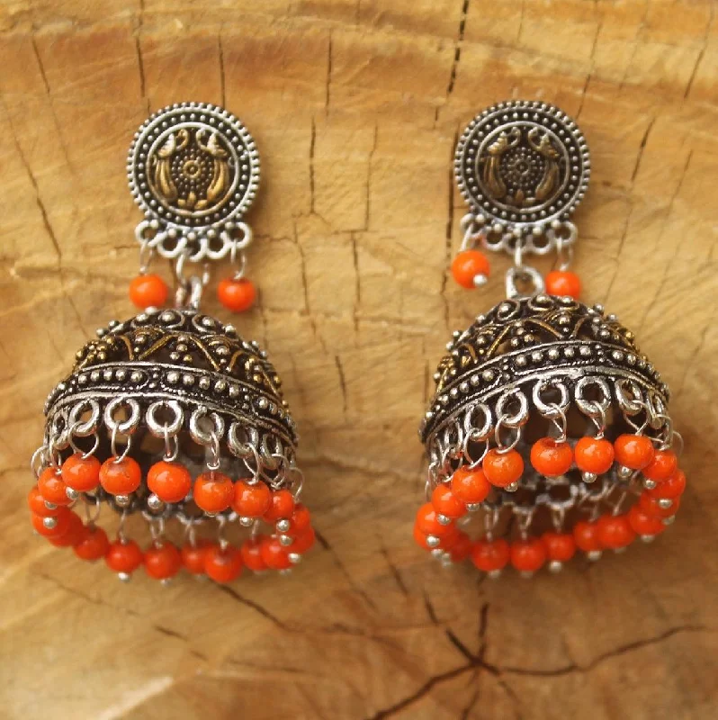 Artistic gemstone earrings for creative looks -German Silver Beads Hanging Double Tone Jhumki Orange