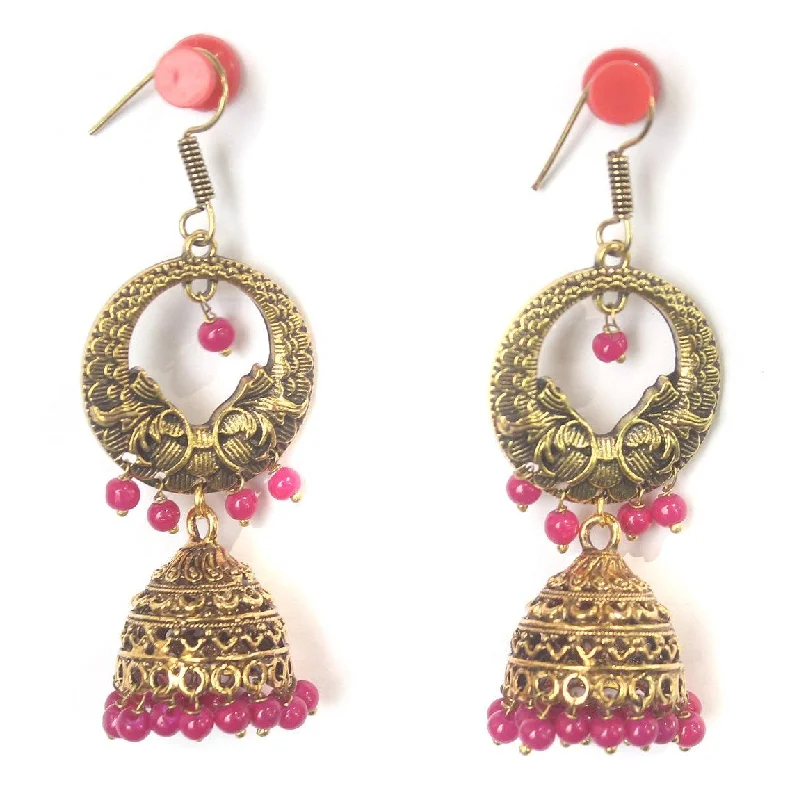 Bold gold earrings for confident fashion -German Silver Beads Hanging Jhumka Earring Magenta