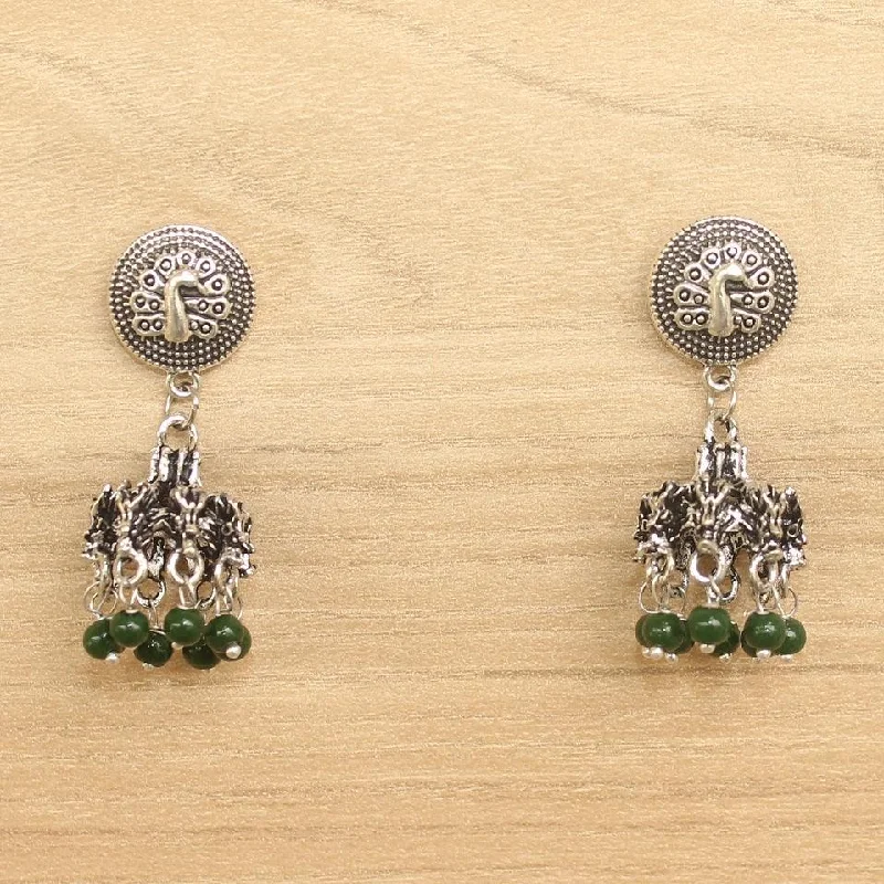 Trendy drop earrings for modern outfits -German Silver Beads Hanging Jhumki Green