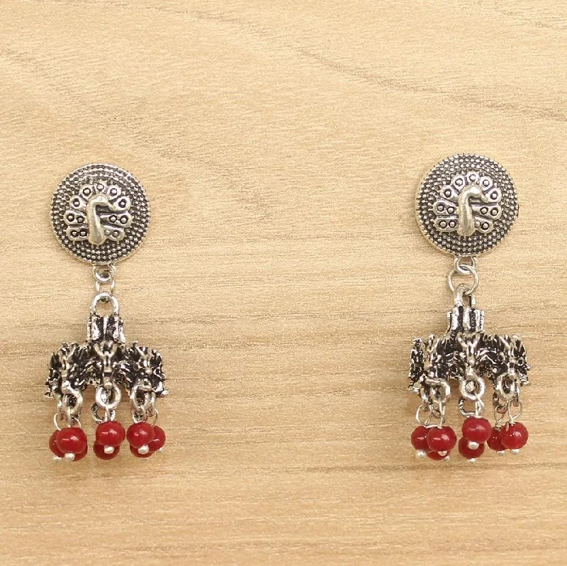 Stylish diamond earrings for upscale events -German Silver Beads Hanging Jhumki Red