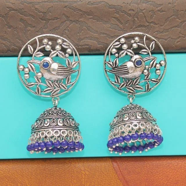 Handmade silver earrings for unique designs -German Silver Jhumka Earring Blue