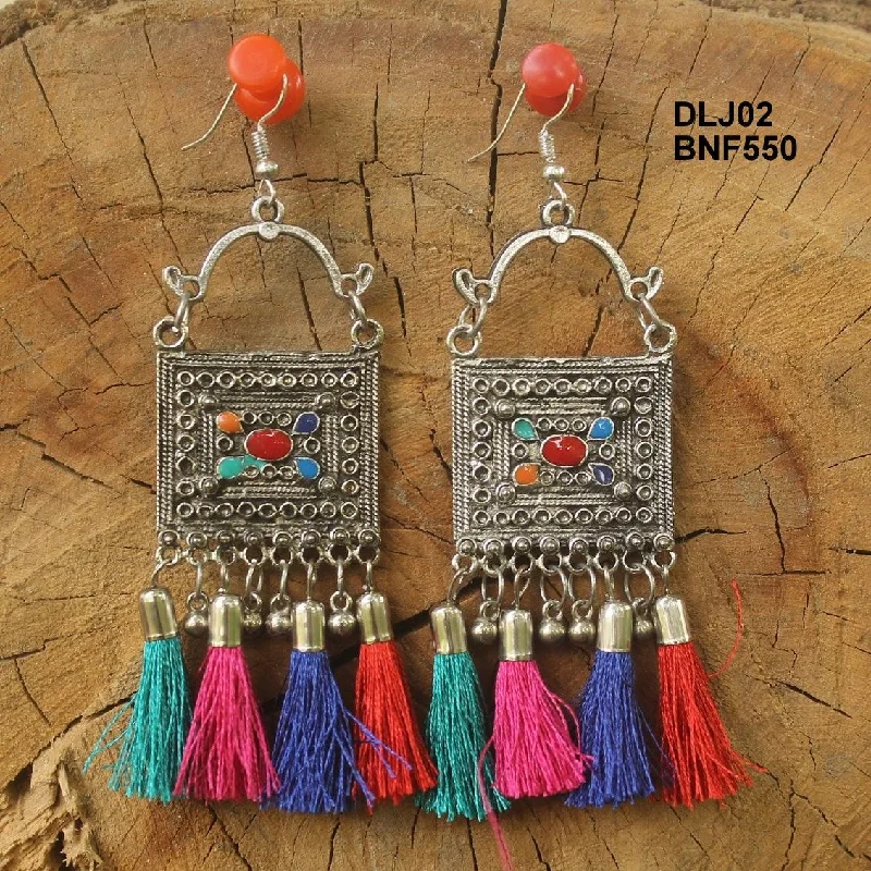 Boho feather earrings for free-spirited fashion -German Silver Tassel Dangler Earring Multicolor