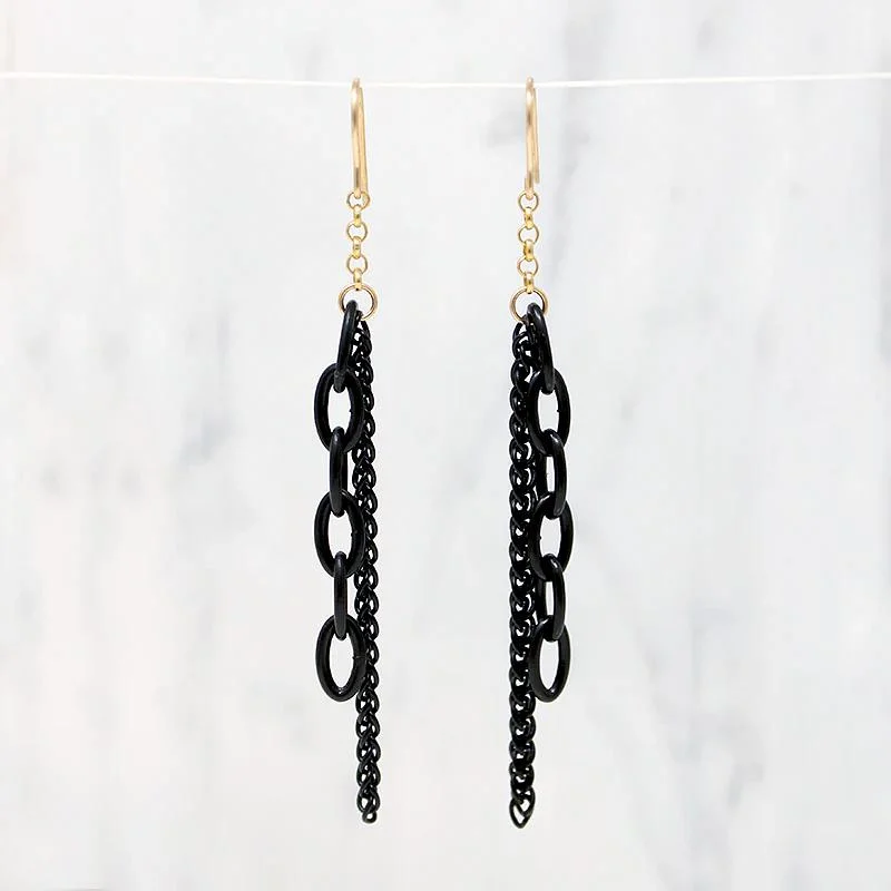 Colorful gemstone drop earrings for vibrant looks -Glam Black & Gold Chain Earrings by Brin