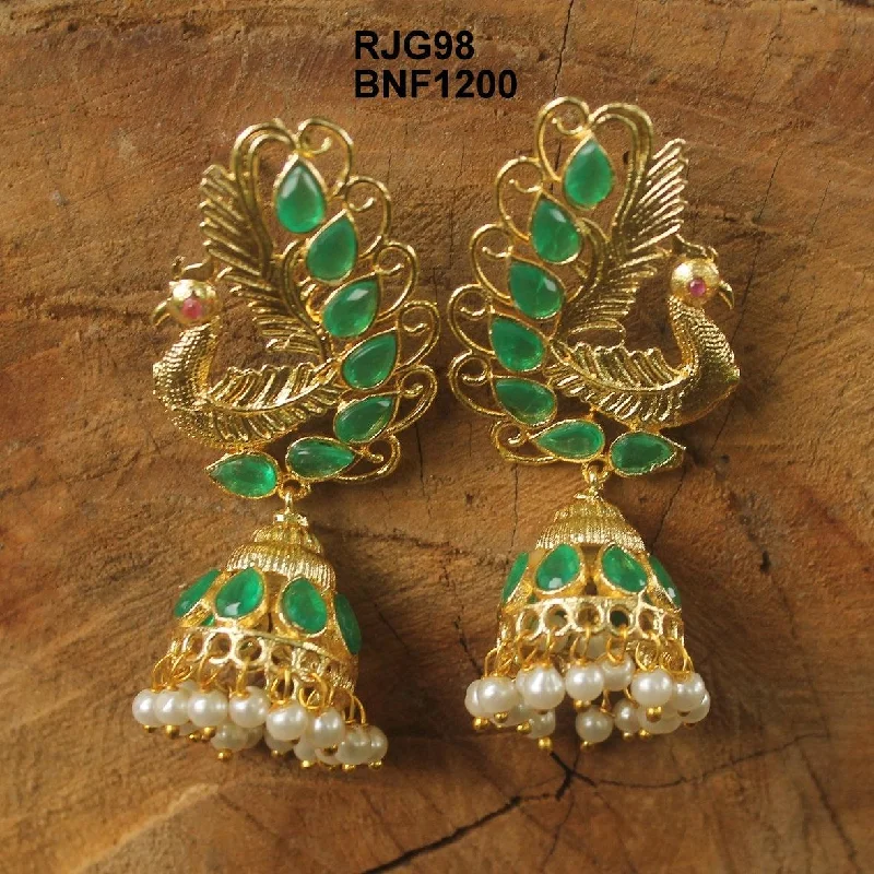 Chunky crystal earrings for bold style -Gold Plated Peacock Kundan Jhumka Earring