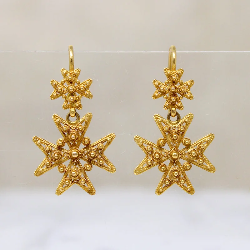 Fashionable ear cuffs with diamonds for chic looks -Gorgeous 18ct Cannetille Maltese Cross Earrings