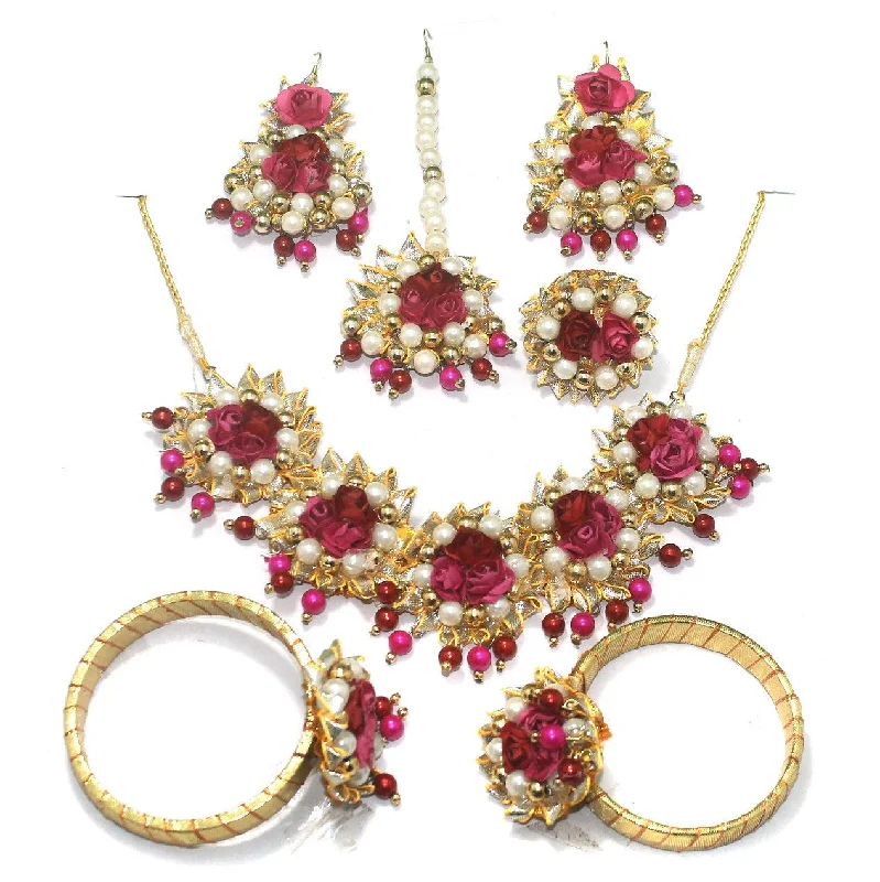 Sparkling crystal earrings for special occasions -Gotta Patti Necklace Set with Maang Tikka, Earrings, Ring and Bangle Magenta