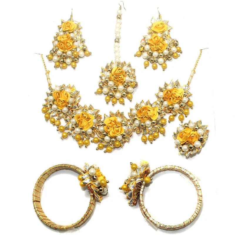 Bold gold earrings for confident fashion -Gotta Patti Necklace Set with Maang Tikka, Earrings, Ring and Bangle Yellow