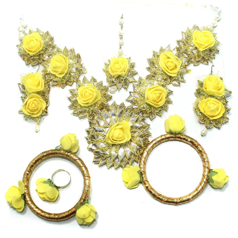 Artistic gemstone earrings for creative looks -Gotta Patti Necklace Set with Maang Tikka, Earrings, Ring and Bangle Yellow