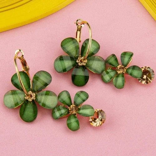 Trendy gold hoop earrings for fashionable women -Green Handcrafted Floral Drop Earrings