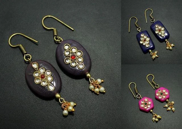 Colorful crystal earrings for bright accents -Kundan Work Designer Earrings Combo