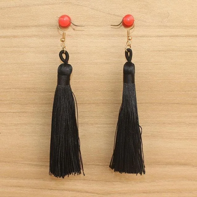 Cute animal-shaped earrings for quirky style -Long Tassel Earrings Black