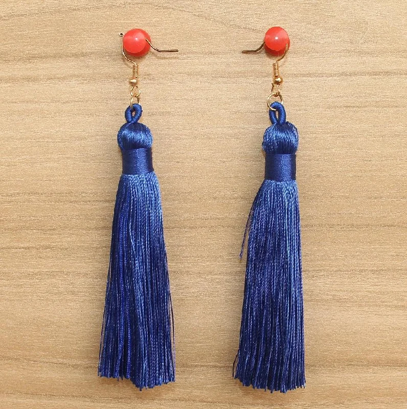 Bold statement earrings with gemstones -Long Tassel Earrings Blue