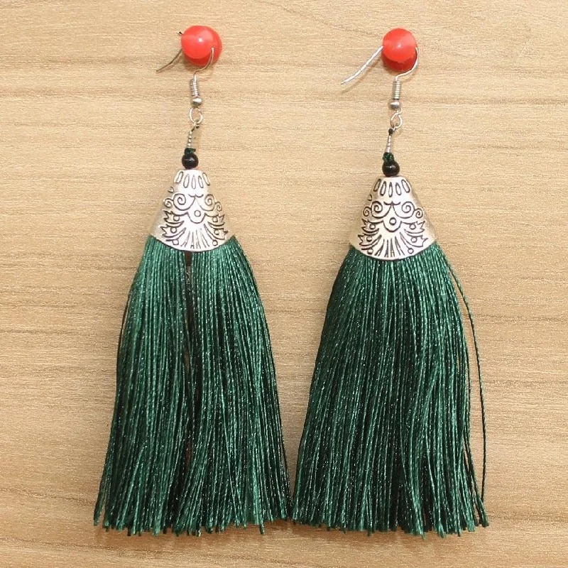 Unique silver stud earrings for everyday chic -Long Tassel Earrings Green