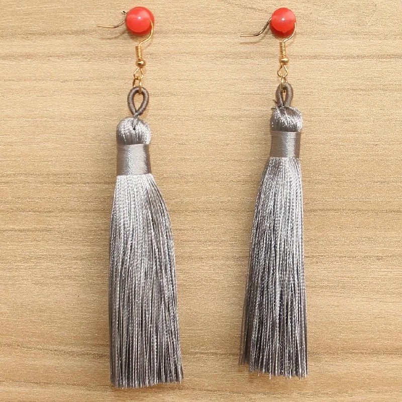 Trendy tassel earrings for festival fashion -Long Tassel Earrings Grey