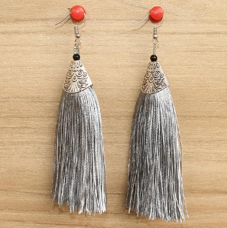 Geometric drop earrings for modern flair -Long Tassel Earrings Grey