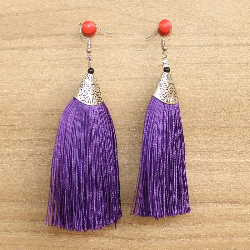 Chic silver drop earrings for a refined look -Long Tassel Earrings Purple