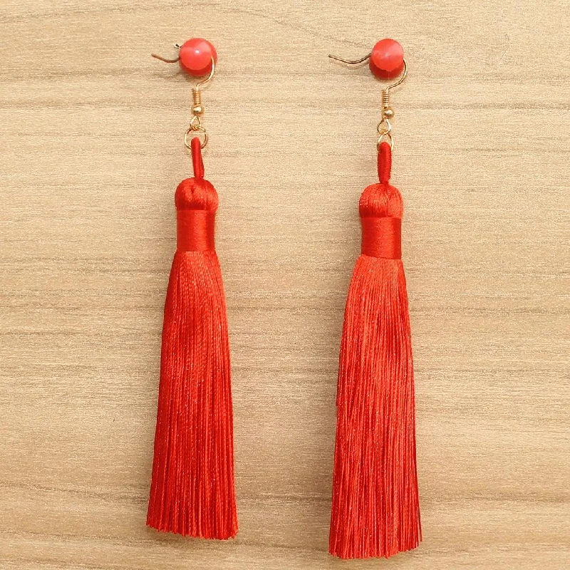 Elegant pearl earrings for bridal accessories -Long Tassel Earrings Red