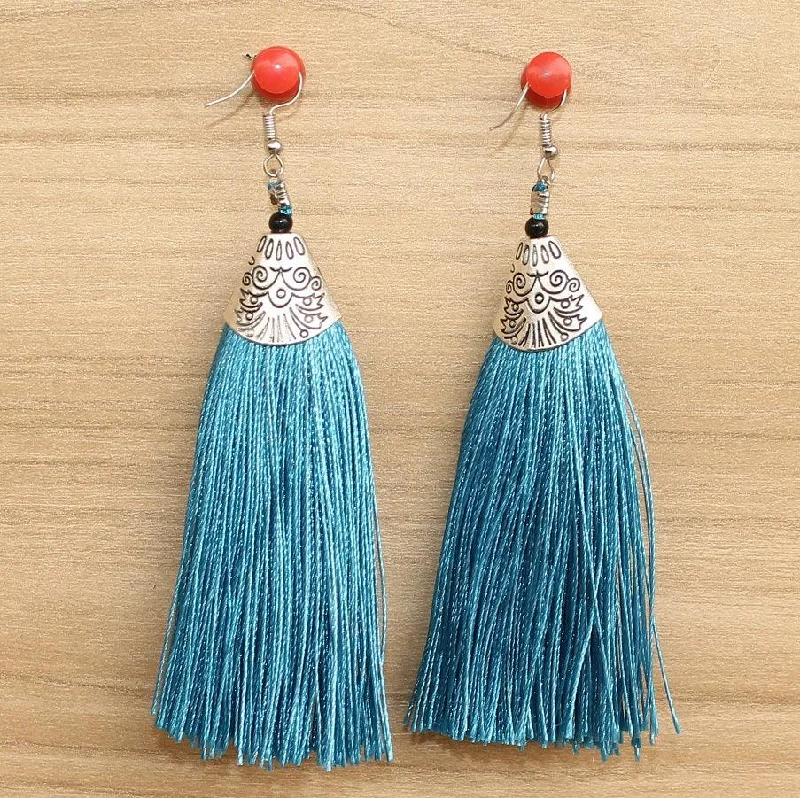 Bold geometric earrings for creative fashion -Long Tassel Earrings Turquoise