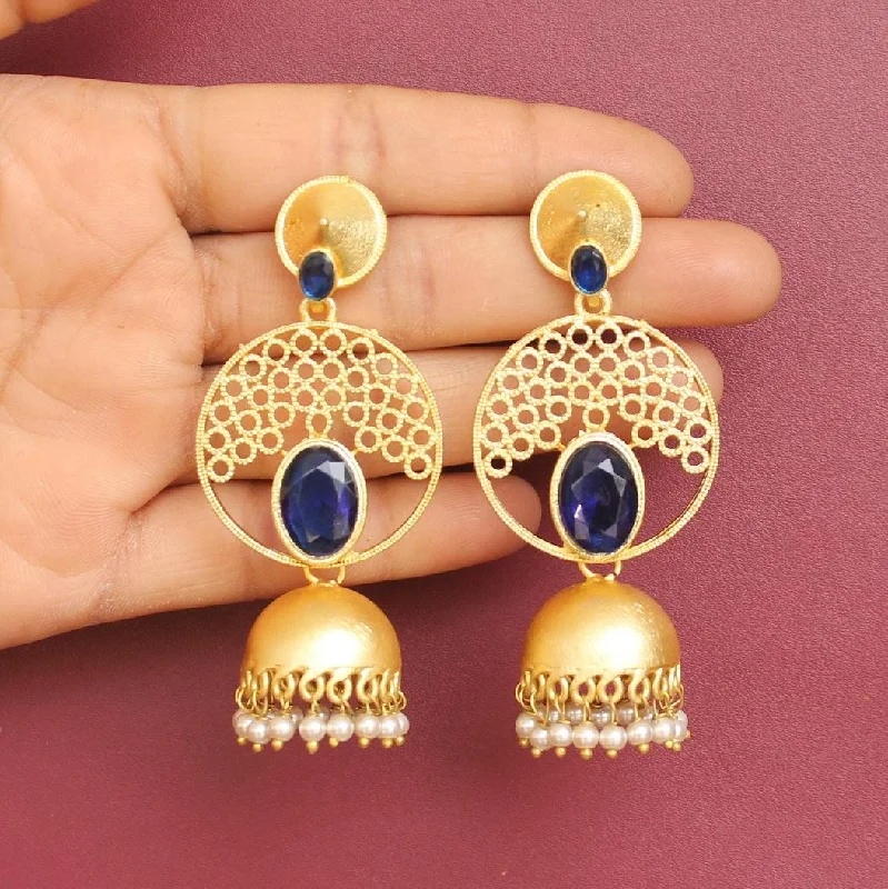 Rose gold hoop earrings for classic looks -Matte Finish Stone Ethnic Jhumka Earrings Blue