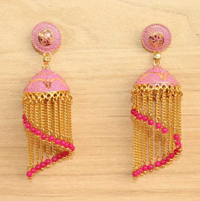 Luxury drop earrings with diamonds -Meenakari Dangler Jhumka Earrings Pink