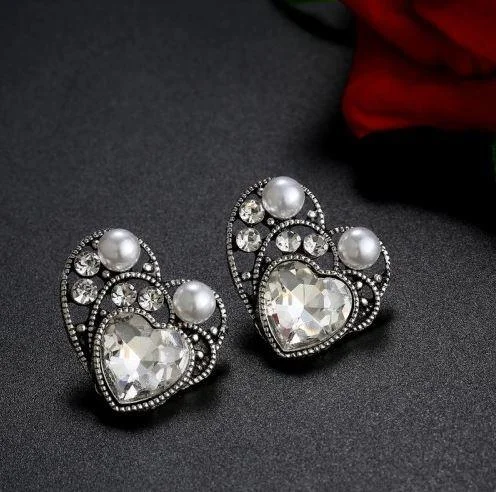 Elegant drop earrings for formal parties -Platinum Plated Crystal Elements Heart Shaped Earrings