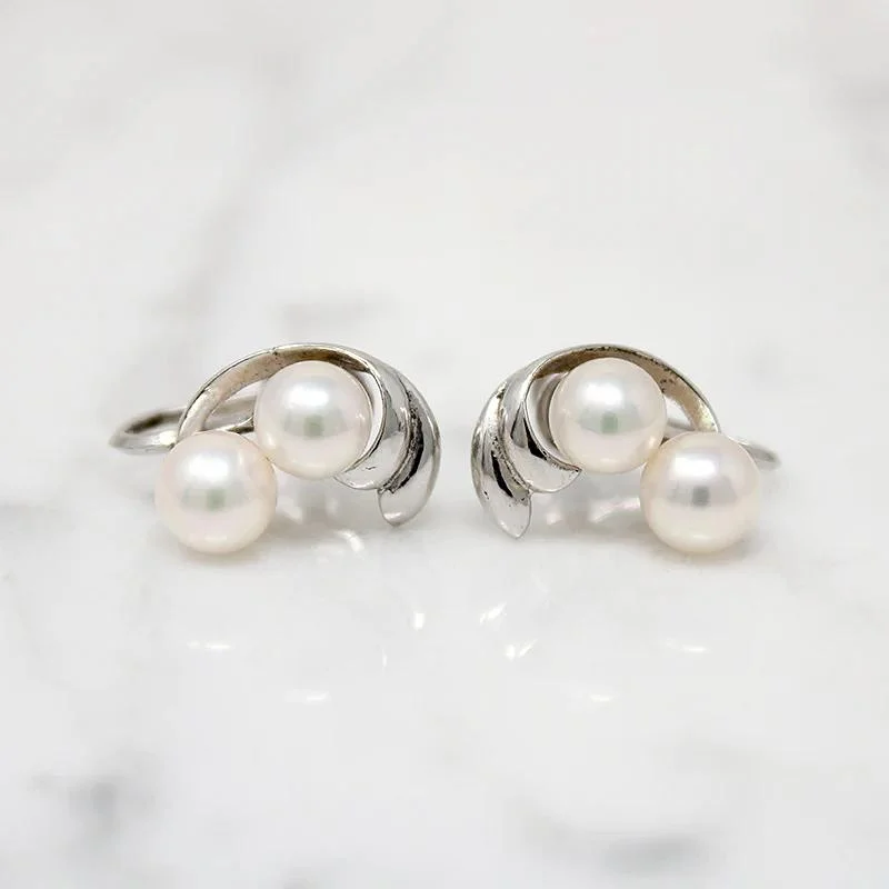 Handmade gemstone earrings for unique style -Pretty Mid Century Mikimoto Pearl & Sterling Earrings