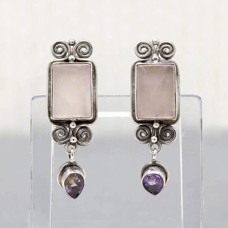 Vintage inspired crystal earrings for timeless beauty -Pretty Pastel Rose Quartz & Amethyst Silver Earrings