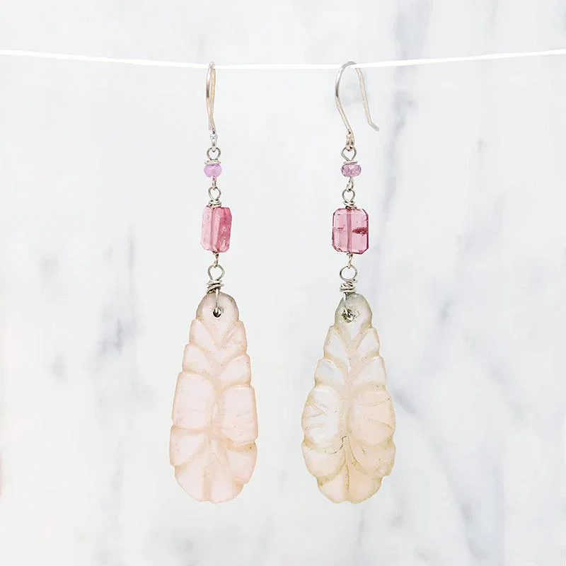 Elegant gold drop earrings for sophisticated style -Romantic Carved Rose Quartz & Pastel Gem Earrings by brunet