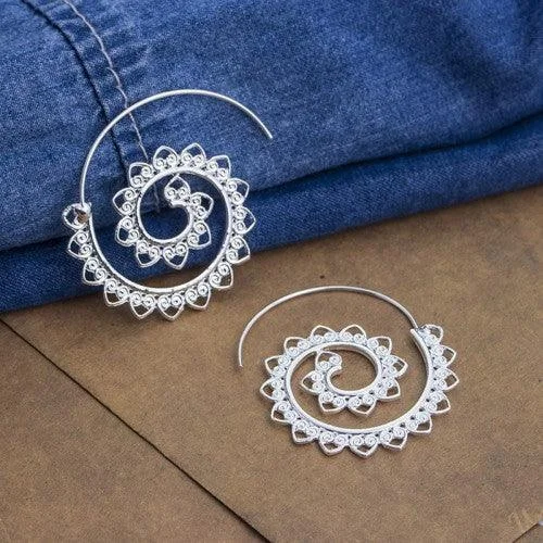 Boho feather earrings for free-spirited fashion -Spiral Silver Plated Circular Drop Earrings