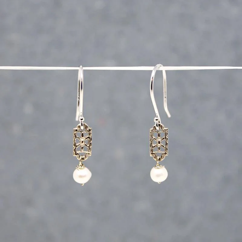 Handmade silver earrings for unique designs -White Gold Filigree & Pearl Earrings by brunet